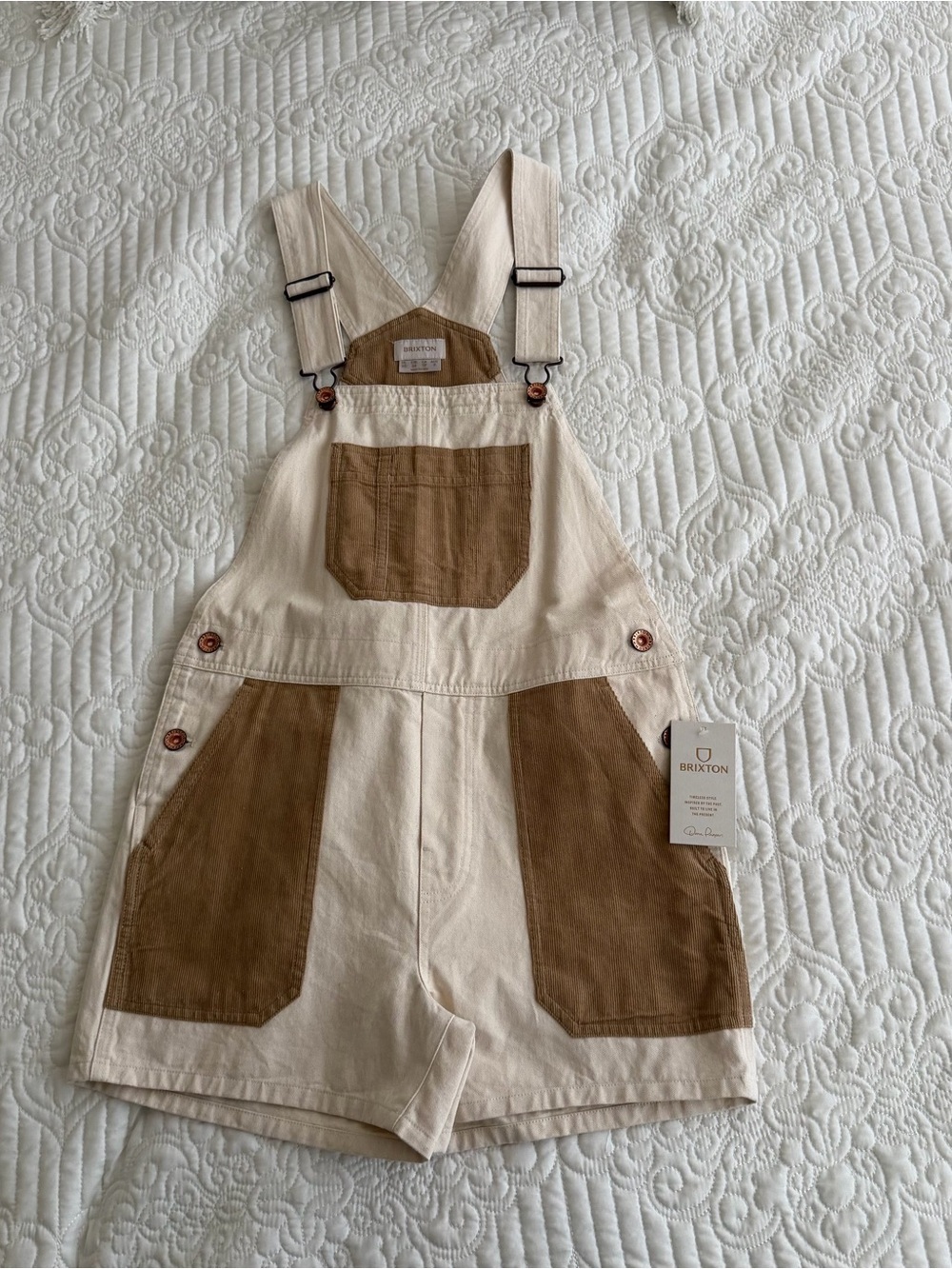 Brixton NWT Canvas Corduroy Colorblock Shortalls Overalls Natural Camel Size XS
